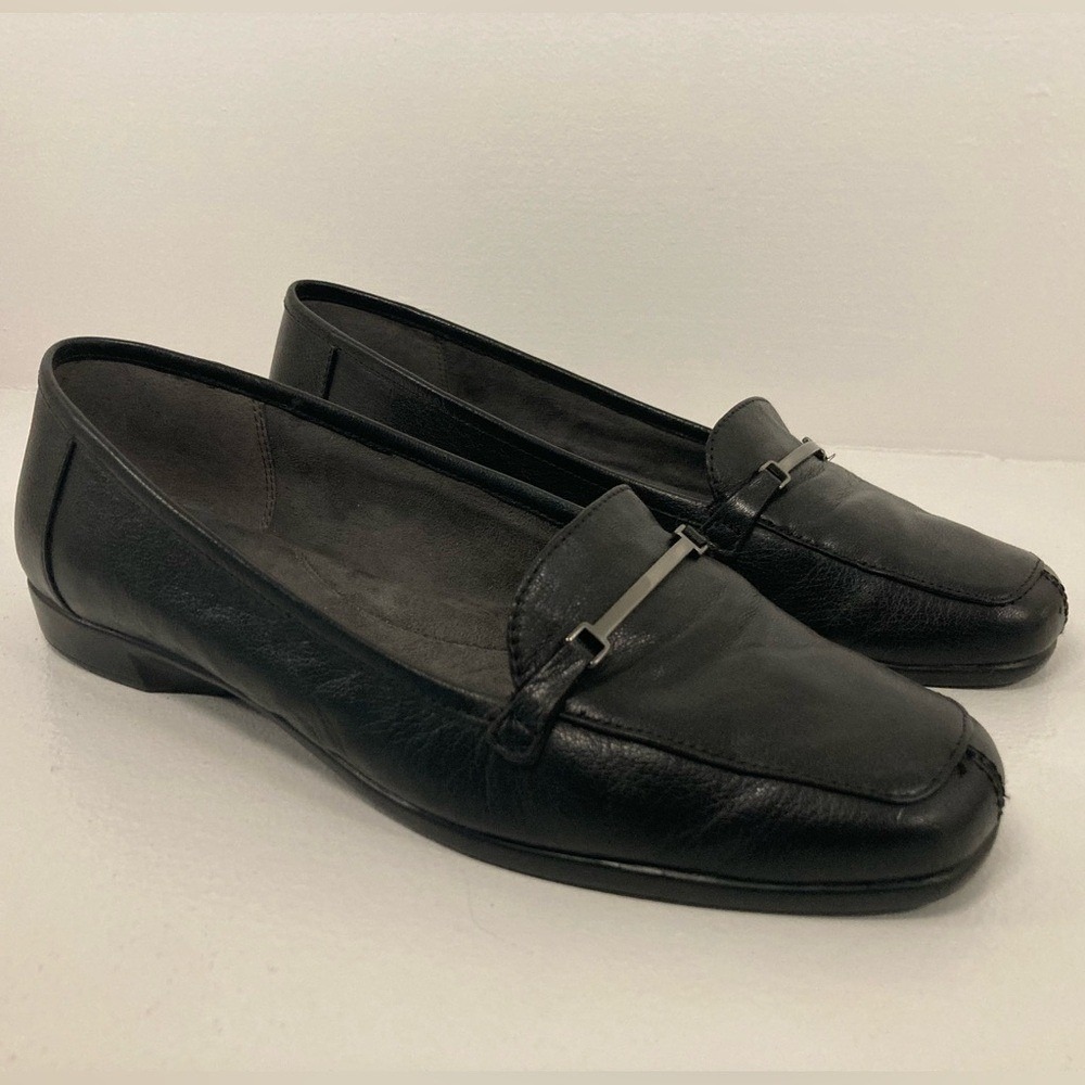 Aerosoles Black Leather Loafers Buckle Accent Comfort Shoes Orthotics Business